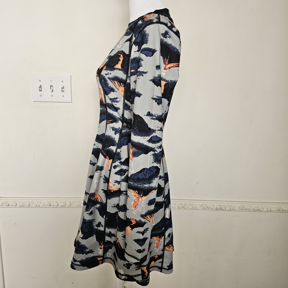 Hot Lava Volcano Print Dress Long-Sleeve Scuba Skater Y2K '90s Fit & Flare Small - Picture 3 of 10
